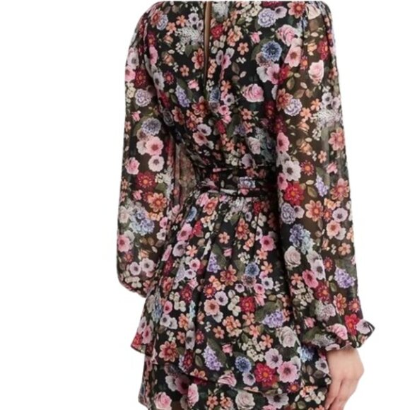 Express Womens Conscious Edit Ruffle Tiered Romper Black Floral Chiffon L New - Picture 3 of 5